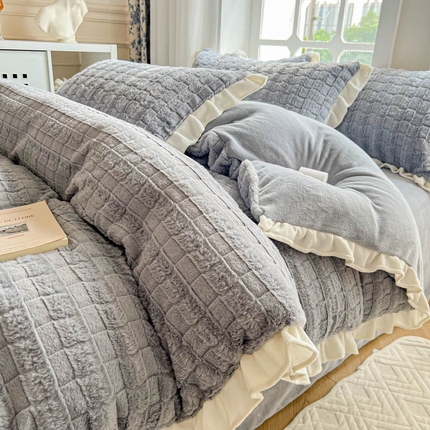 米莱家纺 2023新款兔绒四件套 方格-灰色