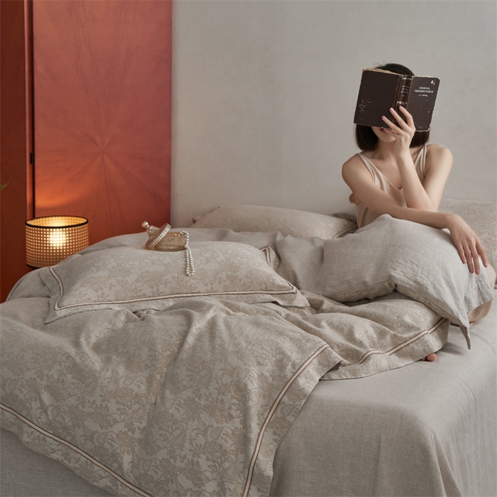 91家纺网 家纺一手货源 找家纺 （总）安莱生活 2023新款高端亚麻大提花特殊镶边四件套