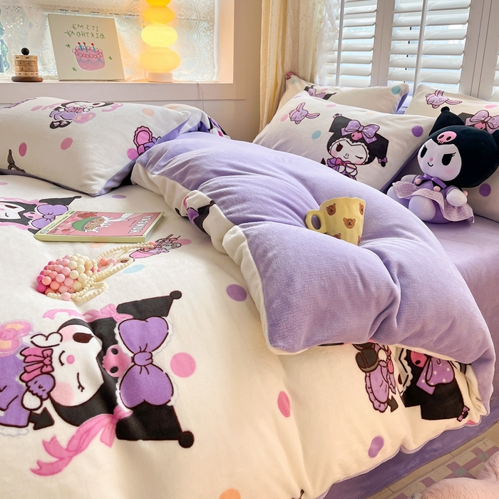 91家纺网 家纺一手货源 找家纺 星座 2025三丽鸥牛奶绒四件套 波点库洛米