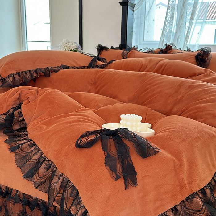 91家纺网 家纺一手货源 找家纺 言熙居 2024新款直播爆款8.5斤法莱绒牛奶绒纯色韩版小清新蕾丝四件套 蕾丝款-深桔