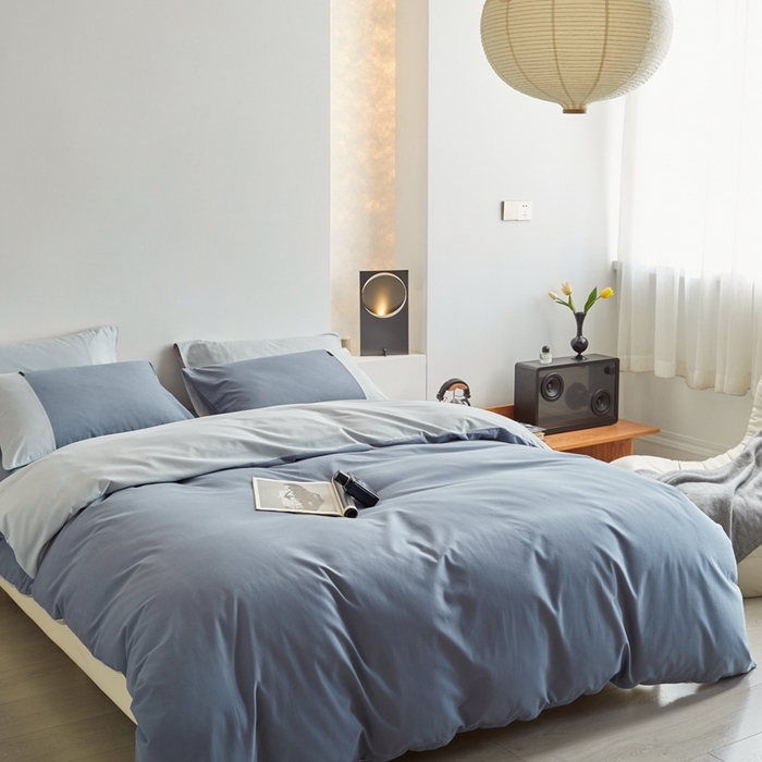 91家纺网 家纺一手货源 找家纺 梦享生活家居 2023新款全棉碳素磨毛四件套秋冬季保暖加厚纯棉四件套简约现代风 青蓝