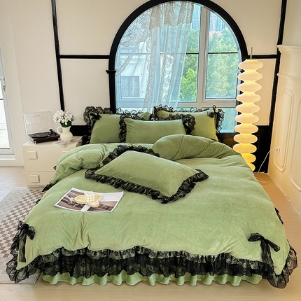 91家纺网 家纺一手货源 找家纺 （总）言熙居 2024直播爆款8.5,斤法莱绒牛奶绒纯色韩版小清新蕾丝四件套