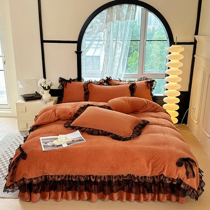 91家纺网 家纺一手货源 找家纺 言熙居 2024新款直播爆款8.5斤法莱绒牛奶绒纯色韩版小清新蕾丝四件套 蕾丝款-深桔