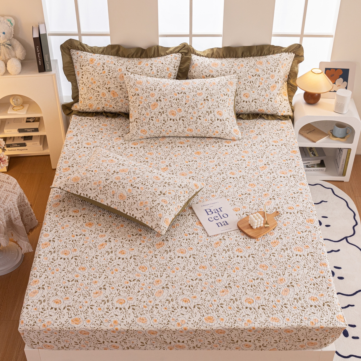 91家纺网 家纺一手货源 找家纺 紫碧螺家纺 2023新款暗提花水洗棉麻绗绣款双面印花床笠 繁花