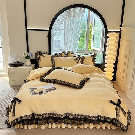 言熙居 2024新款直播爆款8.5斤法莱绒牛奶绒纯色韩版小清新蕾丝四件套 蕾丝款-鹅黄