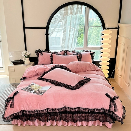 言熙居 2024新款直播爆款8.5斤法莱绒牛奶绒纯色韩版小清新蕾丝四件套 蕾丝款-豆沙粉