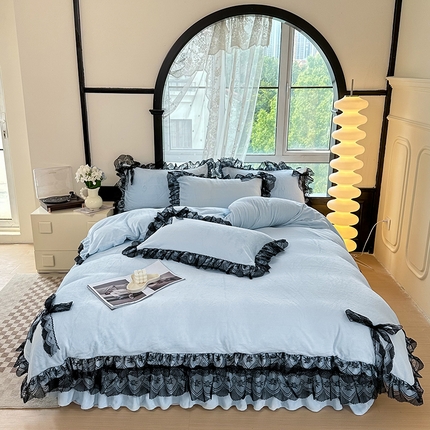 言熙居 2024新款直播爆款8.5斤法莱绒牛奶绒纯色韩版小清新蕾丝四件套 蕾丝款-水蓝