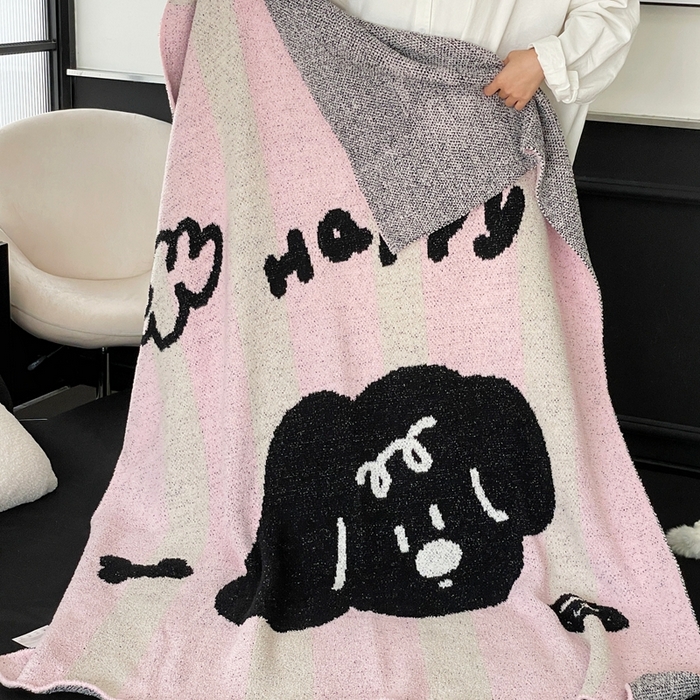 91家纺网 家纺一手货源 找家纺 圆岛家纺 2023新款半边绒针织毛毯 快乐小狗