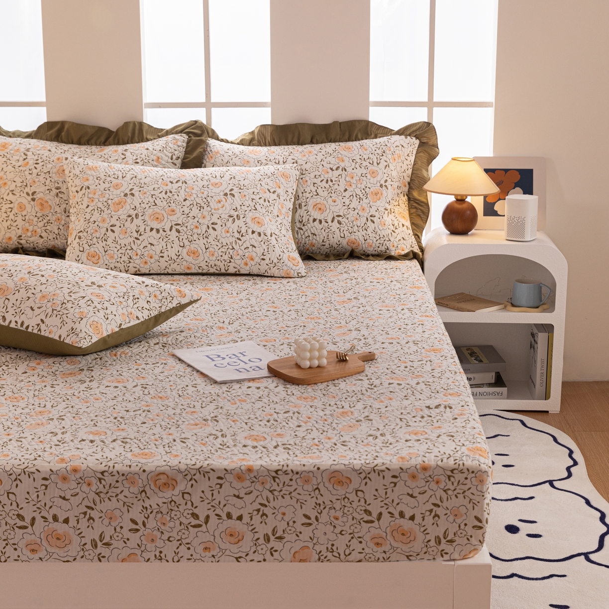 91家纺网 家纺一手货源 找家纺 紫碧螺家纺 2023新款暗提花水洗棉麻绗绣款双面印花床笠 繁花