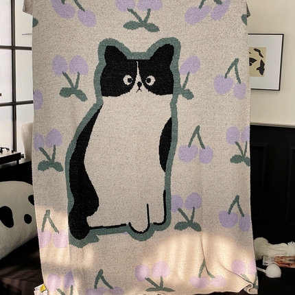 圆岛家纺 2023新款半边绒针织毛毯 樱桃猫咪