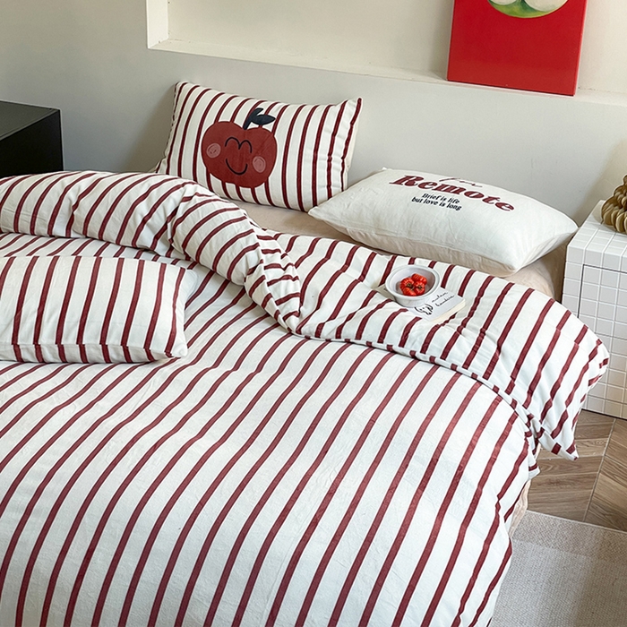 91家纺网 家纺一手货源 找家纺 圆岛家纺 2023新款原创牛奶绒印花保暖四件套 枣红细条