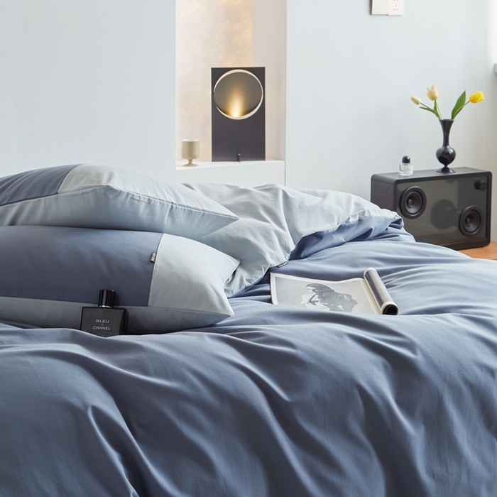 91家纺网 家纺一手货源 找家纺 梦享生活家居 2023新款全棉碳素磨毛四件套秋冬季保暖加厚纯棉四件套简约现代风 青蓝