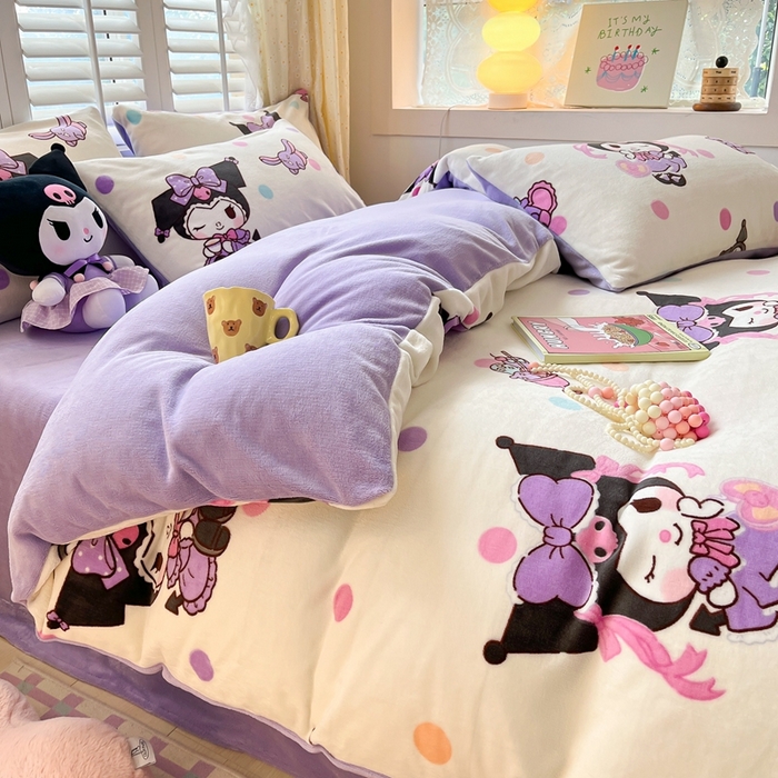 91家纺网 家纺一手货源 找家纺 星座 2025三丽鸥牛奶绒四件套 波点库洛米