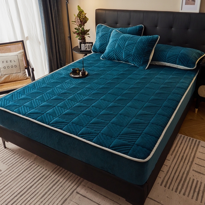 91家纺网 家纺一手货源 找家纺 全季家居2023新款A类大豆纤维抗静电牛奶绒夹棉床笠-纯色 宝石蓝