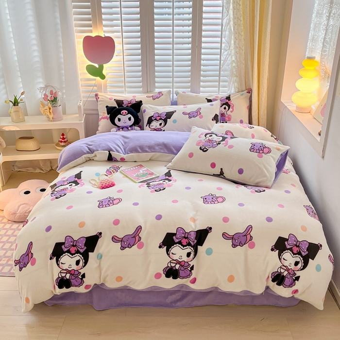 91家纺网 家纺一手货源 找家纺 星座 2025三丽鸥牛奶绒四件套 波点库洛米