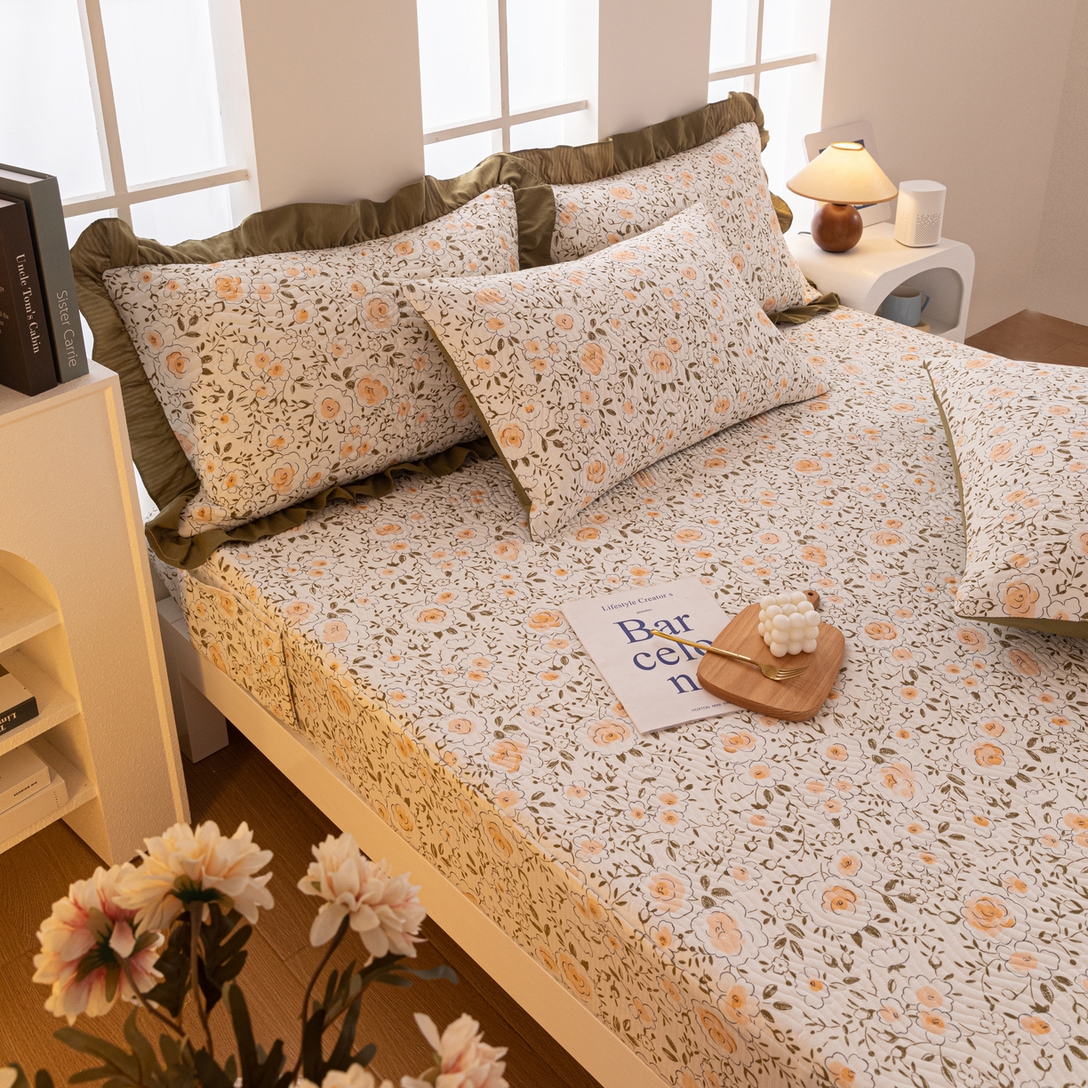 91家纺网 家纺一手货源 找家纺 紫碧螺家纺 2023新款暗提花水洗棉麻绗绣款双面印花床笠 繁花