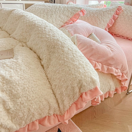 米莱家纺 2023新款兔绒四件套 玫瑰花-白加粉