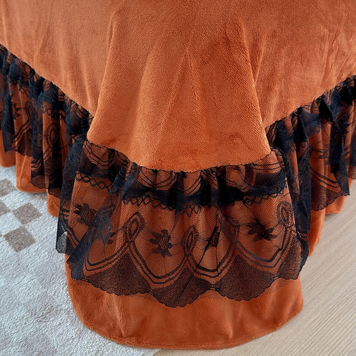 91家纺网 家纺一手货源 找家纺 言熙居 2024新款直播爆款8.5斤法莱绒牛奶绒纯色韩版小清新蕾丝四件套 蕾丝款-深桔