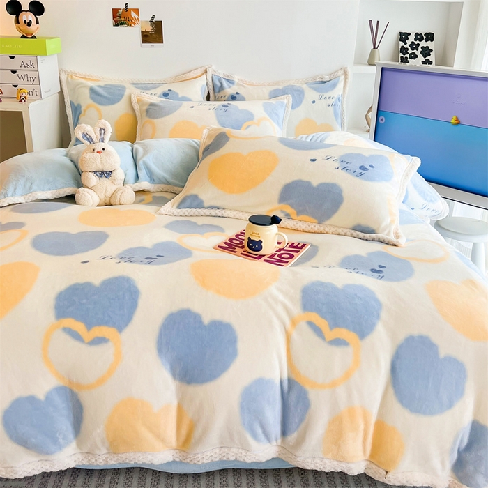 91家纺网 家纺一手货源 找家纺 川悦生活 2023新款牛奶绒200克宽边四件套 宽边浪漫国度-蓝