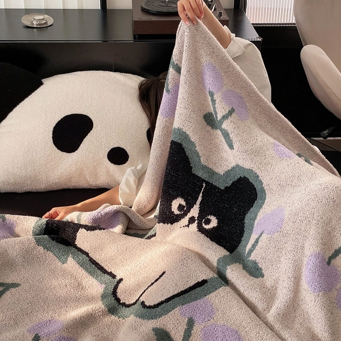 91家纺网 家纺一手货源 找家纺 圆岛家纺 2023新款半边绒针织毛毯 樱桃猫咪