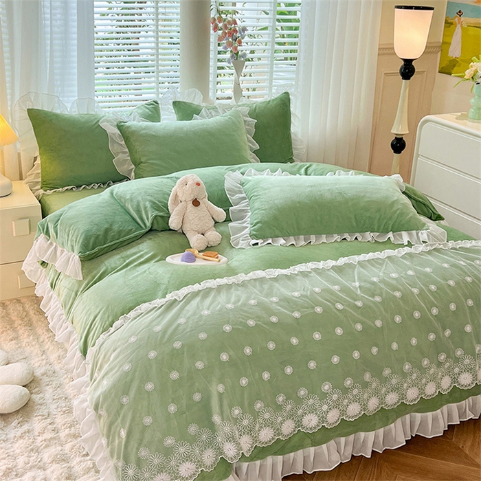 91家纺网 家纺一手货源 找家纺 唐人居 2025新款安妮系列水晶绒四件套 安妮-果绿