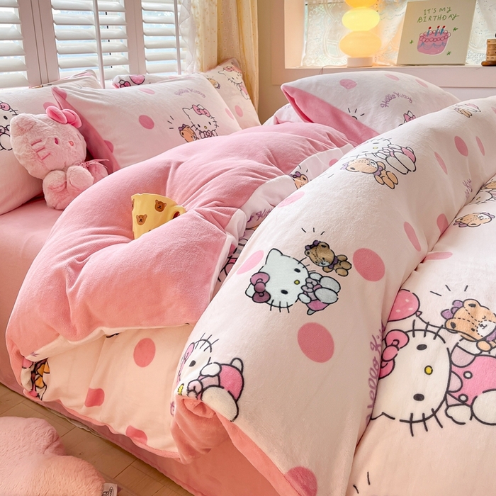 91家纺网 家纺一手货源 找家纺 星座 2025三丽鸥牛奶绒四件套 泡泡KT猫