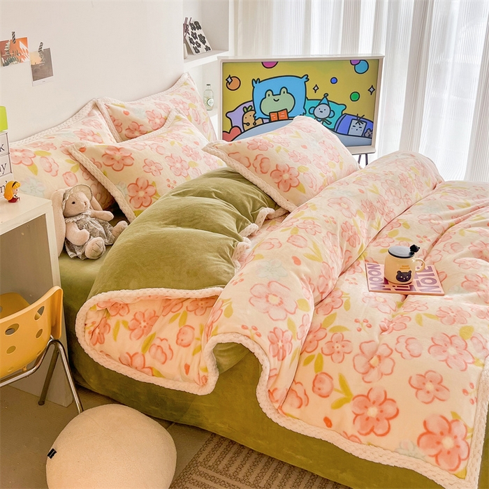 91家纺网 家纺一手货源 找家纺 川悦生活 2023新款牛奶绒200克宽边四件套 宽边暖安花