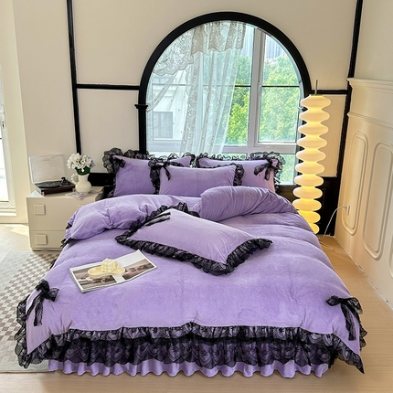 91家纺网 家纺一手货源 找家纺 （总）言熙居 2024直播爆款8.5,斤法莱绒牛奶绒纯色韩版小清新蕾丝四件套