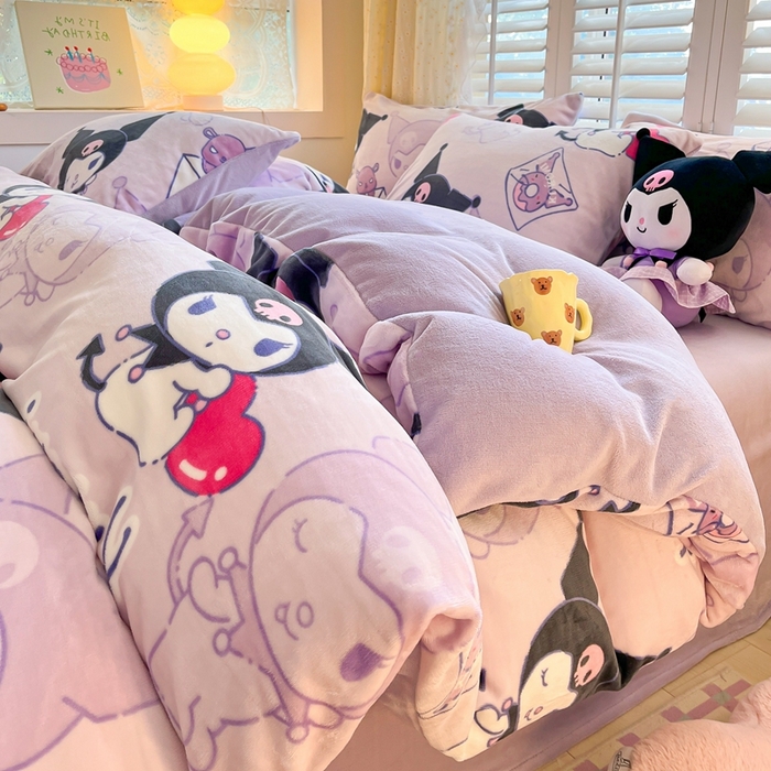 91家纺网 家纺一手货源 找家纺 星座 2025三丽鸥牛奶绒四件套 紫色库洛米