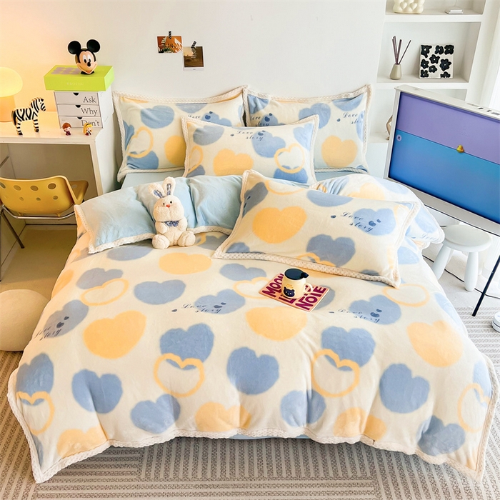 91家纺网 家纺一手货源 找家纺 川悦生活 2023新款牛奶绒200克宽边四件套 宽边浪漫国度-蓝