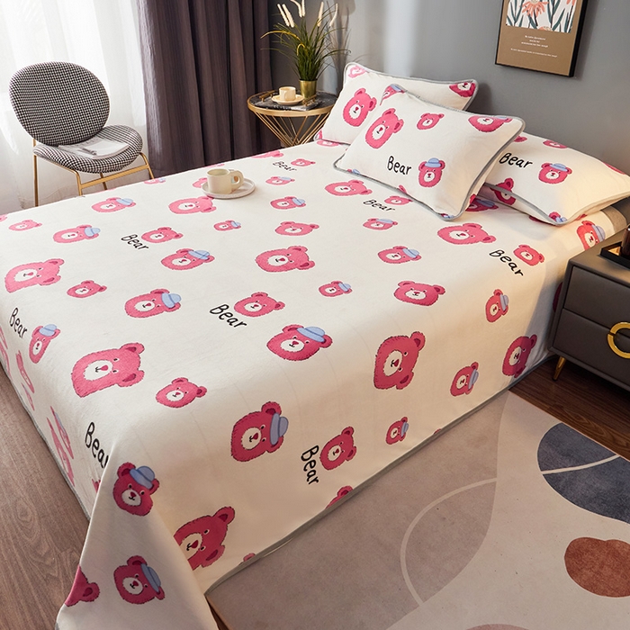 91家纺网 家纺一手货源 找家纺 全季家居 2023新款纯色印花高克重抗静电包边牛奶绒床单-印花 粉熊派