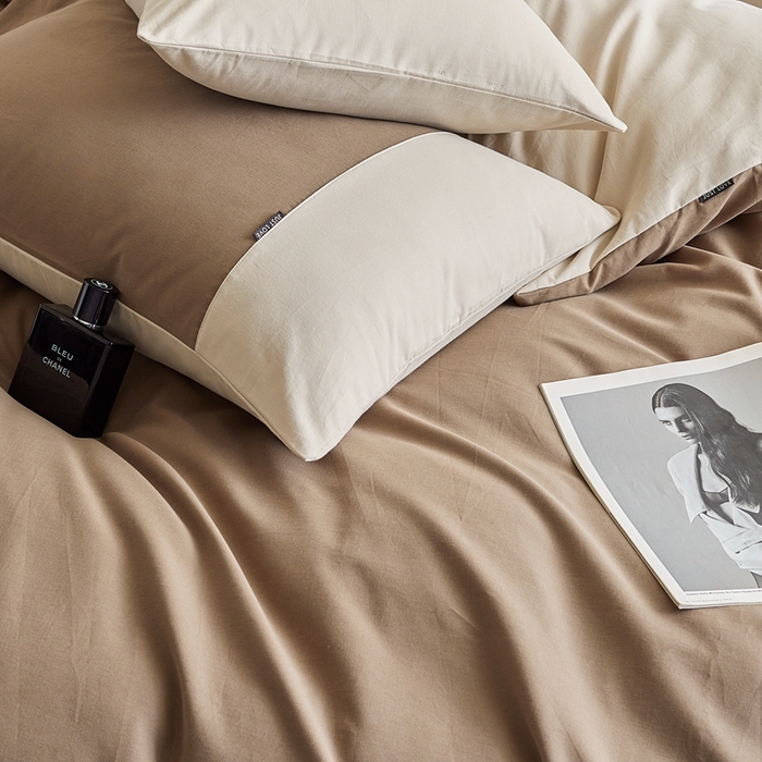 91家纺网 家纺一手货源 找家纺 梦享生活家居 2023新款全棉碳素磨毛四件套秋冬季保暖加厚纯棉四件套简约现代风 可可棕