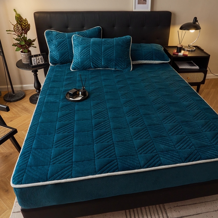 91家纺网 家纺一手货源 找家纺 全季家居2023新款A类大豆纤维抗静电牛奶绒夹棉床笠-纯色 宝石蓝