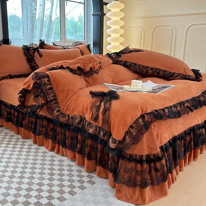 91家纺网 家纺一手货源 找家纺 言熙居 2024新款直播爆款8.5斤法莱绒牛奶绒纯色韩版小清新蕾丝四件套 蕾丝款-深桔