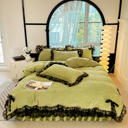 言熙居 2024新款直播爆款8.5斤法莱绒牛奶绒纯色韩版小清新蕾丝四件套 蕾丝款-苹果绿