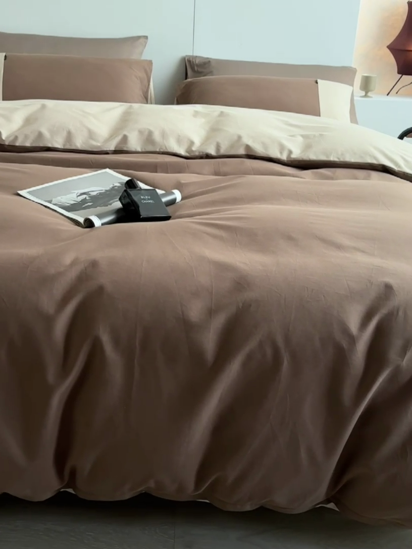 91家纺网 家纺一手货源 找家纺 梦享生活家居 2023新款全棉碳素磨毛四件套秋冬季保暖加厚纯棉四件套简约现代风 可可棕