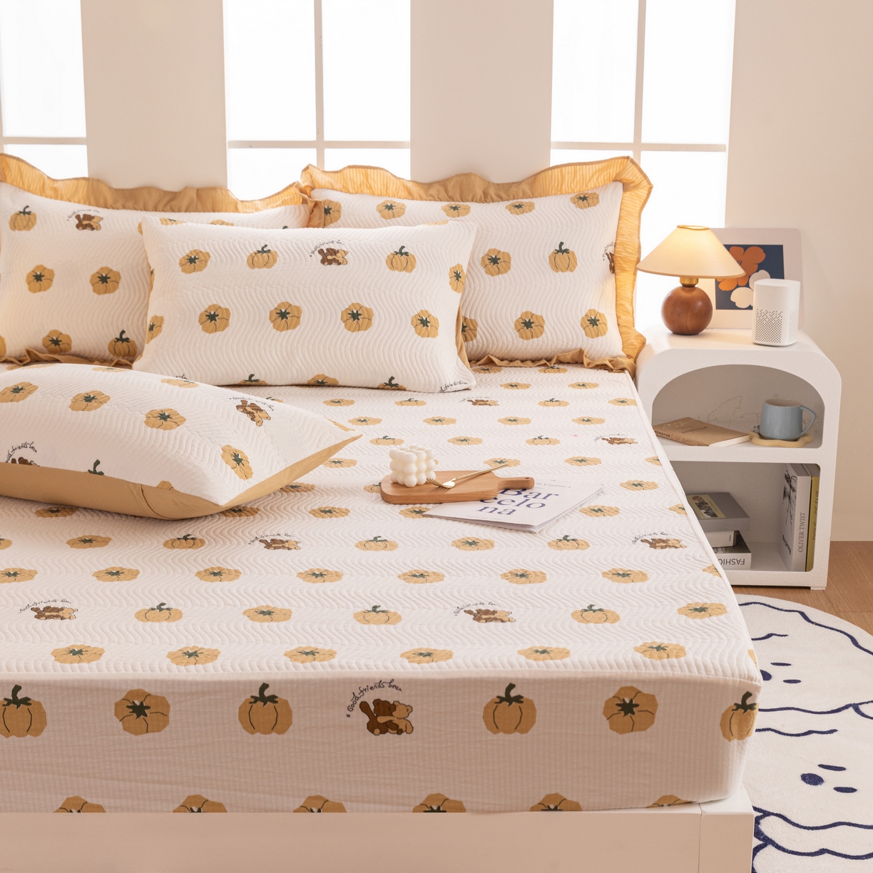 91家纺网 家纺一手货源 找家纺 （总）紫碧螺家纺 2023新款暗提花水洗棉麻绗绣款双面印花床笠