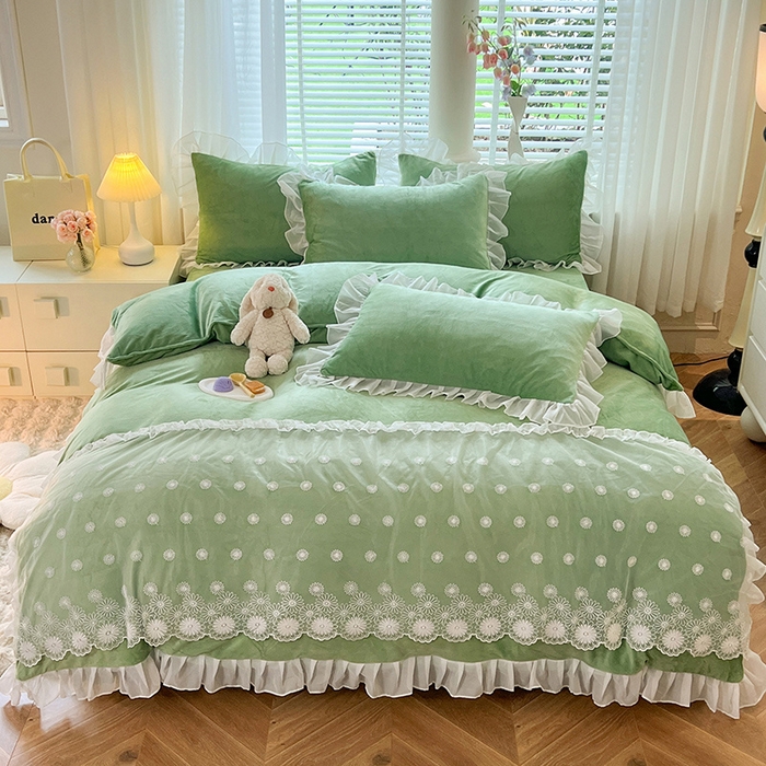 91家纺网 家纺一手货源 找家纺 唐人居 2025新款安妮系列水晶绒四件套 安妮-果绿