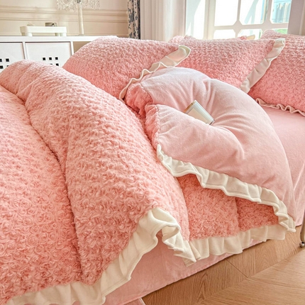 米莱家纺 2023新款兔绒四件套 玫瑰花-粉色