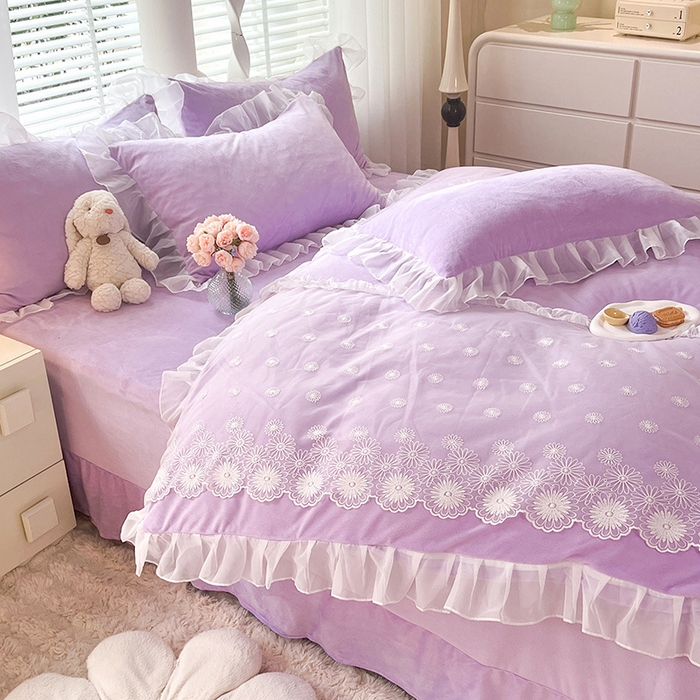 91家纺网 家纺一手货源 找家纺 唐人居 2025新款安妮系列水晶绒四件套 安妮-浅紫