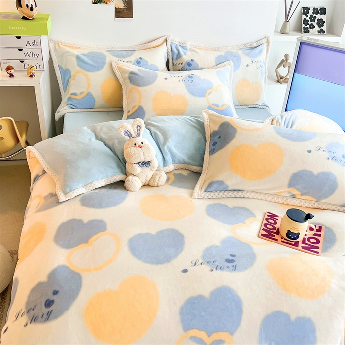 91家纺网 家纺一手货源 找家纺 川悦生活 2023新款牛奶绒200克宽边四件套 宽边浪漫国度-蓝