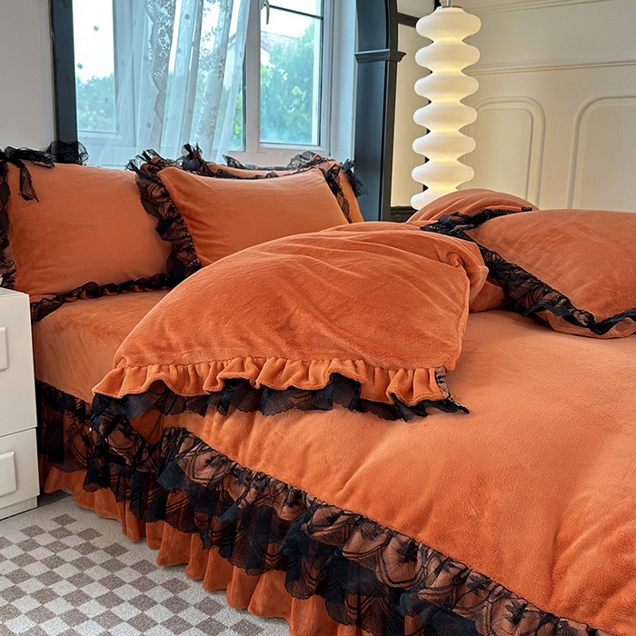 91家纺网 家纺一手货源 找家纺 言熙居 2024新款直播爆款8.5斤法莱绒牛奶绒纯色韩版小清新蕾丝四件套 蕾丝款-深桔