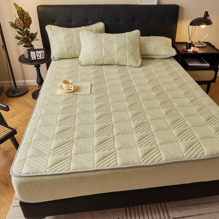 91家纺网 家纺一手货源 找家纺 全季家居2023新款A类大豆纤维抗静电牛奶绒夹棉床笠-纯色 果绿