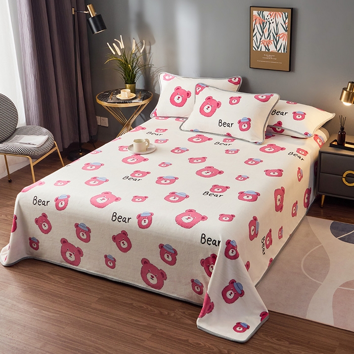 91家纺网 家纺一手货源 找家纺 全季家居 2023新款纯色印花高克重抗静电包边牛奶绒床单-印花 粉熊派