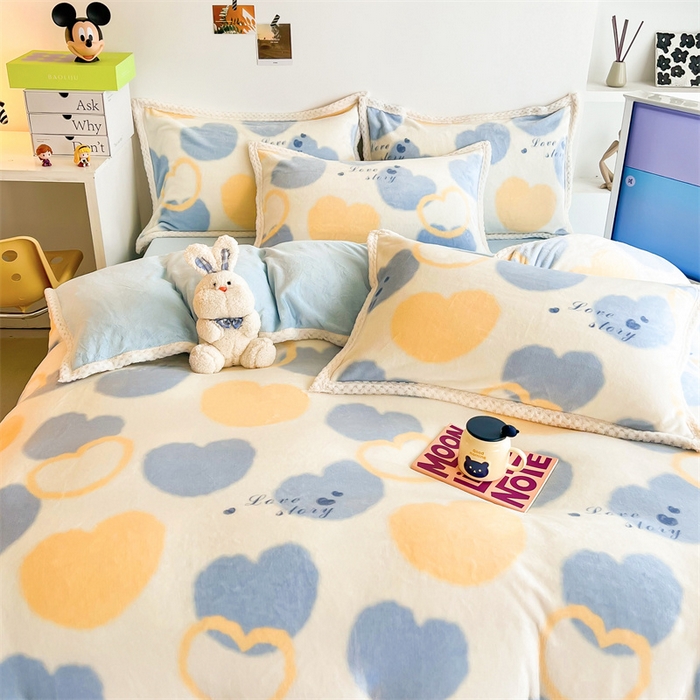 91家纺网 家纺一手货源 找家纺 川悦生活 2023新款牛奶绒200克宽边四件套 宽边浪漫国度-蓝