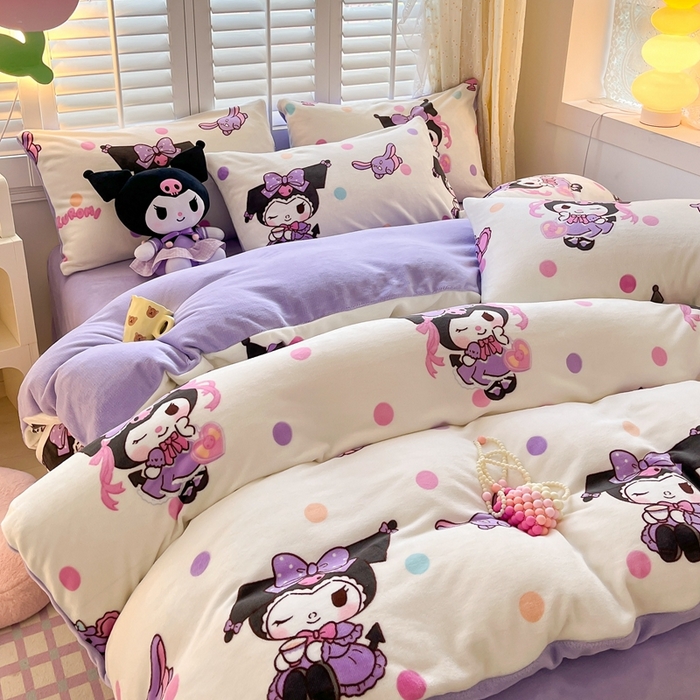 91家纺网 家纺一手货源 找家纺 星座 2025三丽鸥牛奶绒四件套 波点库洛米