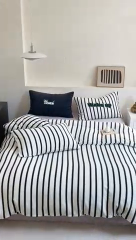 91家纺网 家纺一手货源 找家纺 圆岛家纺 2023新款原创牛奶绒印花保暖四件套 尚黑细条