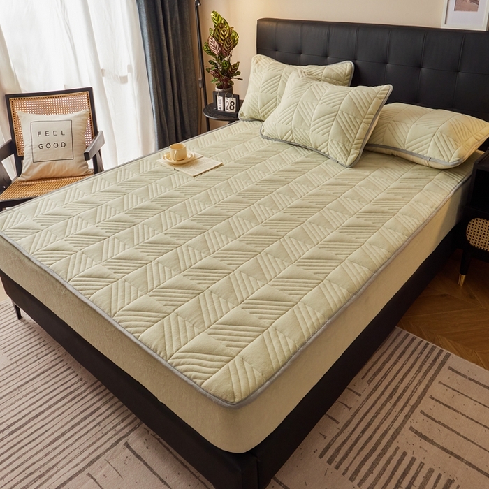 91家纺网 家纺一手货源 找家纺 全季家居2023新款A类大豆纤维抗静电牛奶绒夹棉床笠-纯色 果绿