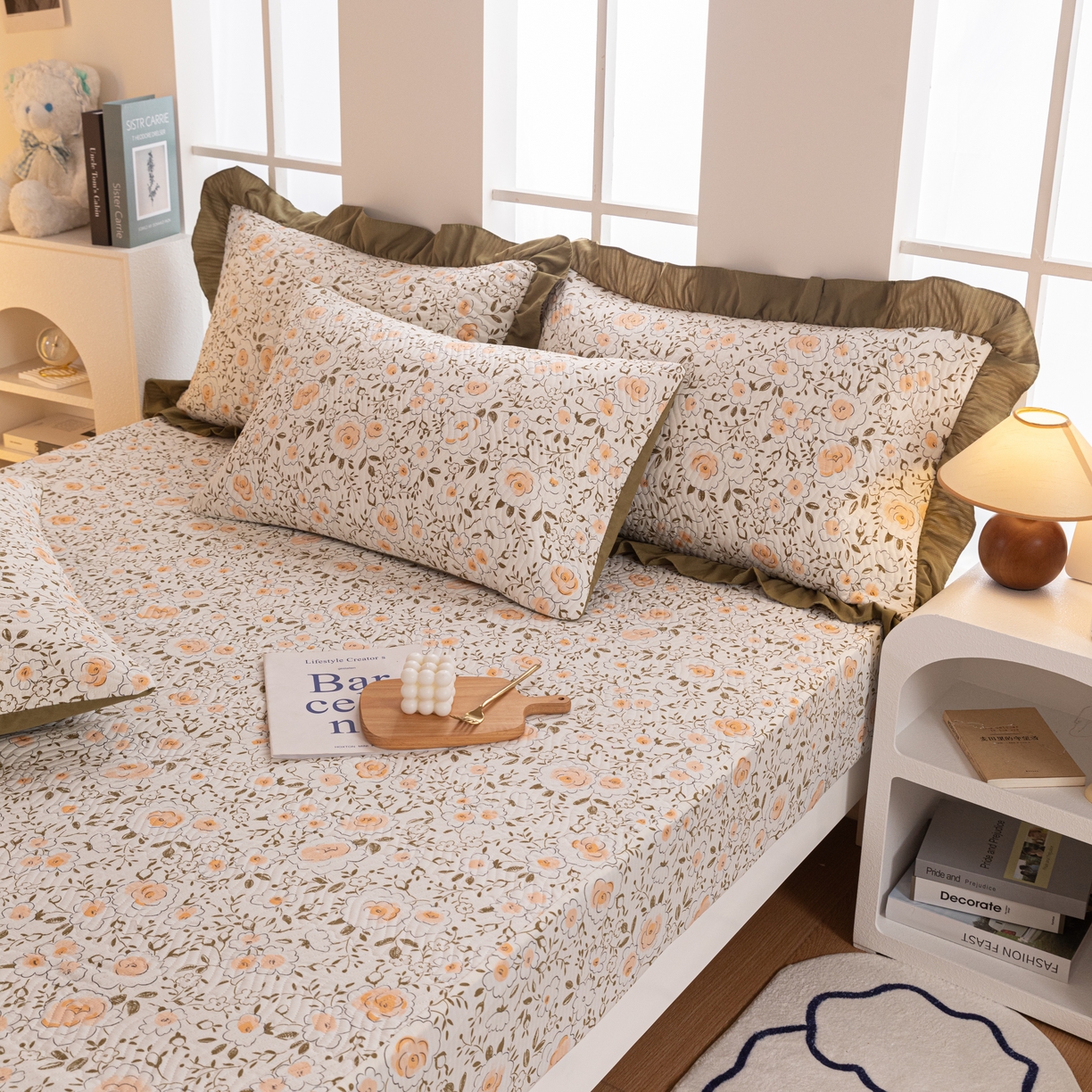 91家纺网 家纺一手货源 找家纺 紫碧螺家纺 2023新款暗提花水洗棉麻绗绣款双面印花床笠 繁花