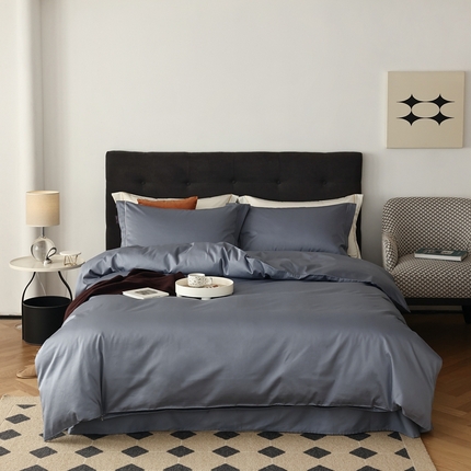 91家纺网 家纺一手货源 找家纺 花时间 2023新款100S全棉贡缎绣线款四件套-奢 奢-蓝灰